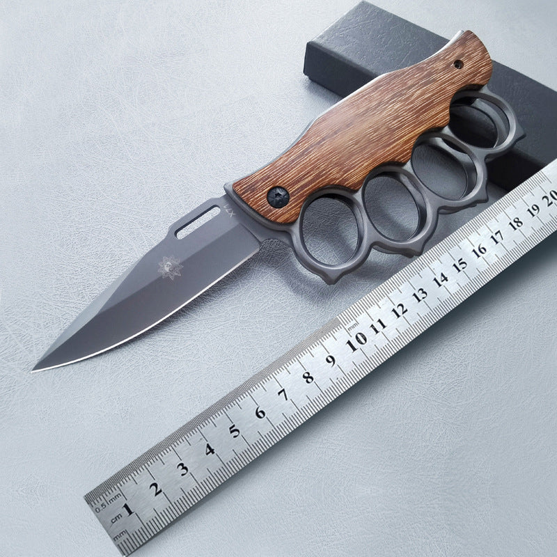ZH010 Dark Wood-Grain Folding Fruit Knife with Knuckle Guard