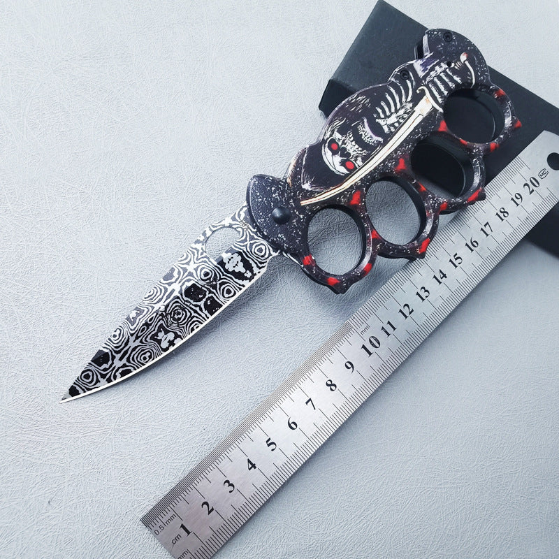 ZH011 Stainless Steel Outdoor Survival Knife with 3D Skull-Print Knuckle Handle