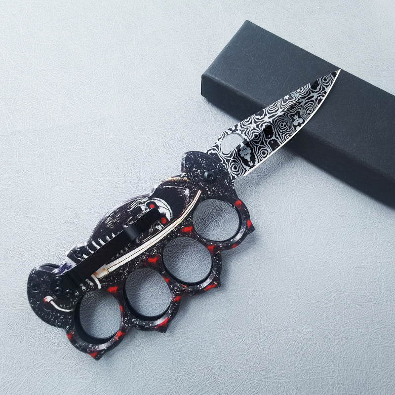ZH011 Stainless Steel Outdoor Survival Knife with 3D Skull-Print Knuckle Handle
