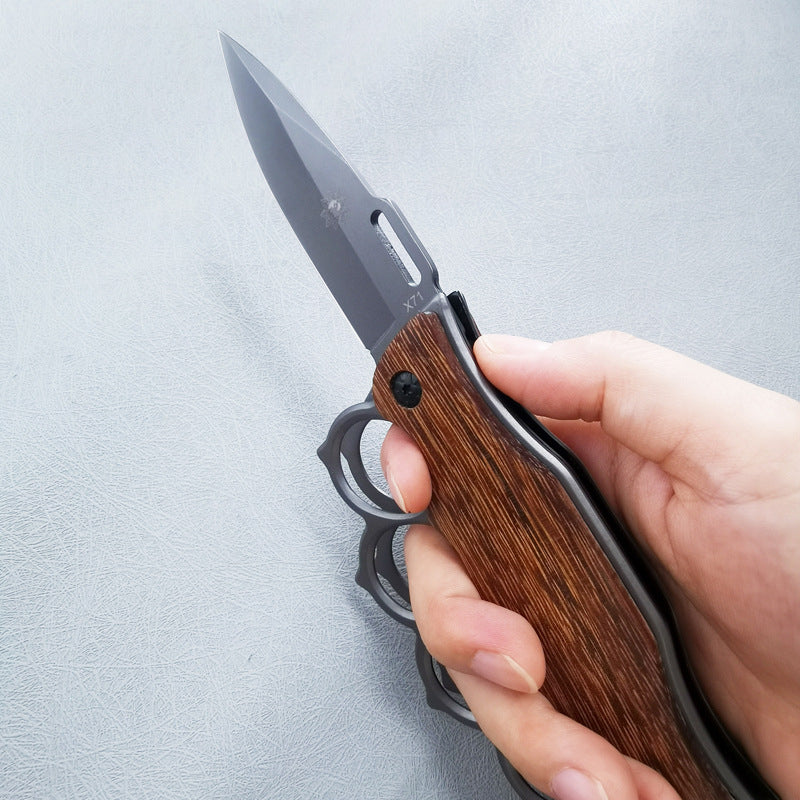 ZH010 Dark Wood-Grain Folding Fruit Knife with Knuckle Guard