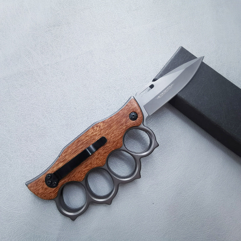ZH010 Dark Wood-Grain Folding Fruit Knife with Knuckle Guard
