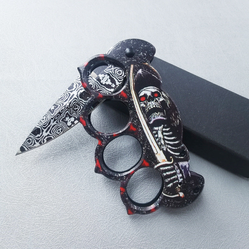 ZH011 Stainless Steel Outdoor Survival Knife with 3D Skull-Print Knuckle Handle