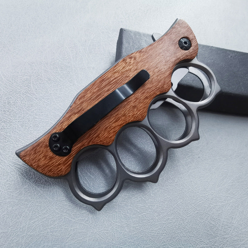 ZH010 Dark Wood-Grain Folding Fruit Knife with Knuckle Guard