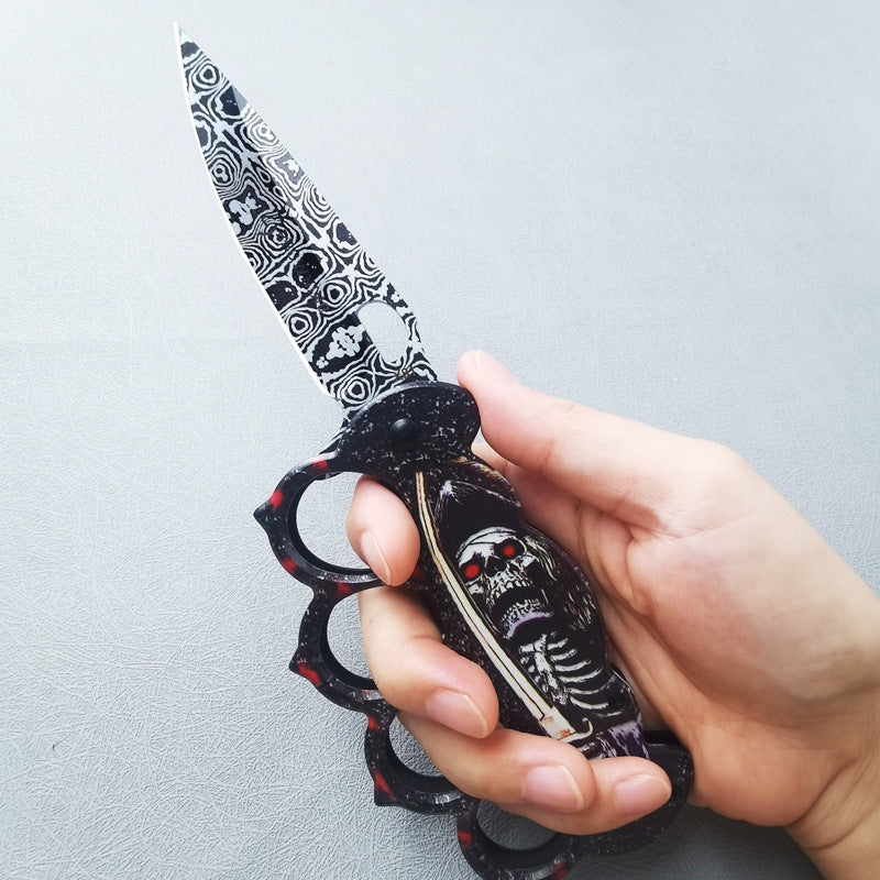 ZH011 Stainless Steel Outdoor Survival Knife with 3D Skull-Print Knuckle Handle