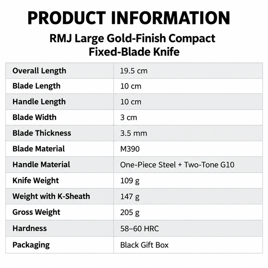 DJ030 RMJ Large Gold-Finish Compact Fixed-Blade Knife