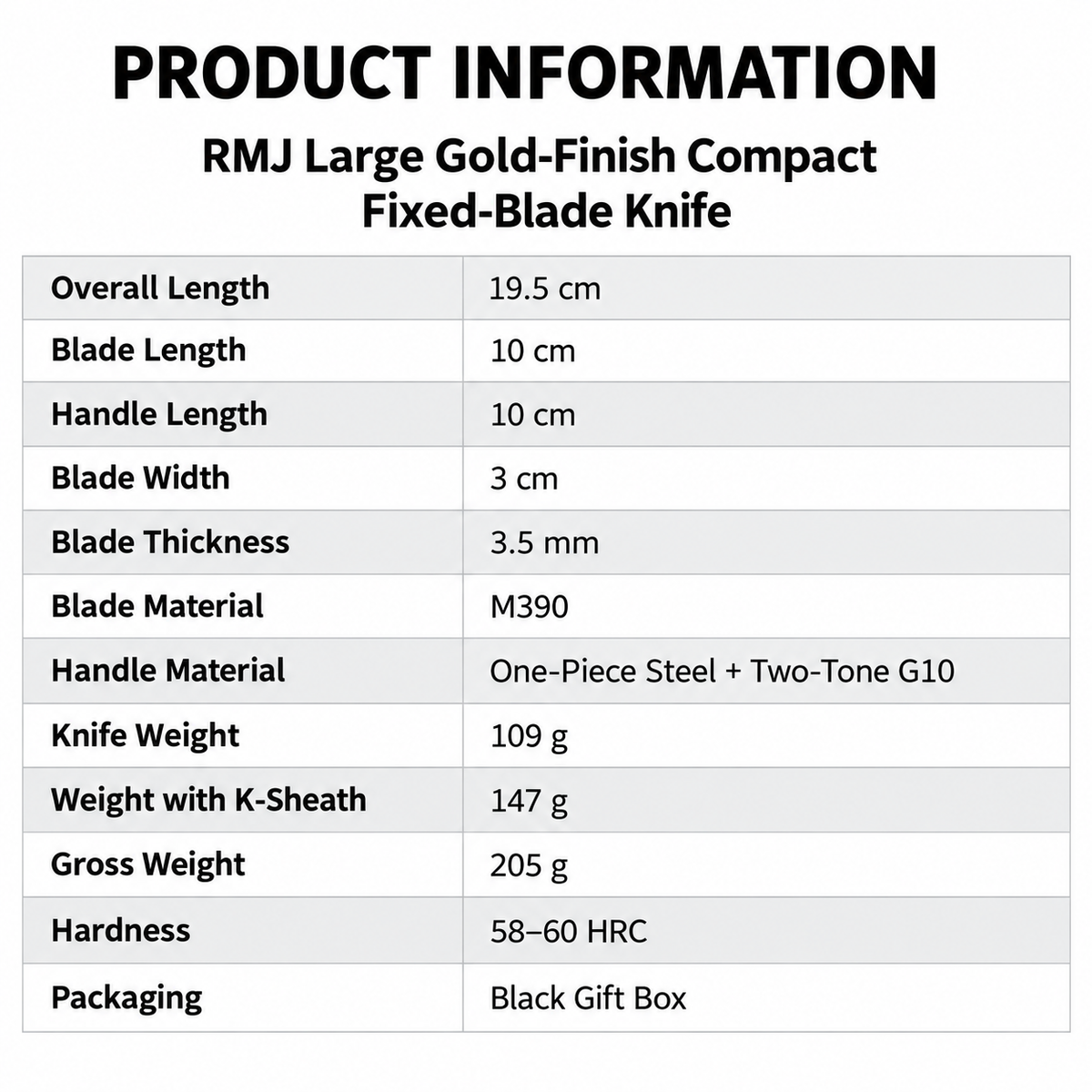 DJ030 RMJ Large Gold-Finish Compact Fixed-Blade Knife